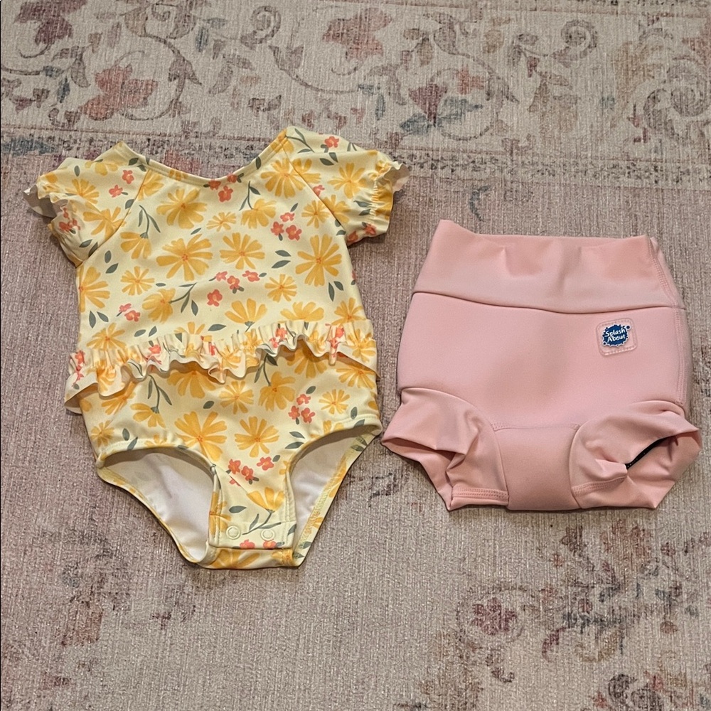 Floral Yellow and Pink Kids Swim Trunks